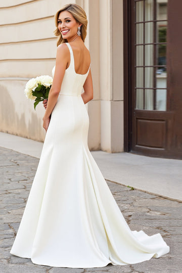 Simple Ivory Satin Square Neck Sweep Train Mermaid Wedding Dress
